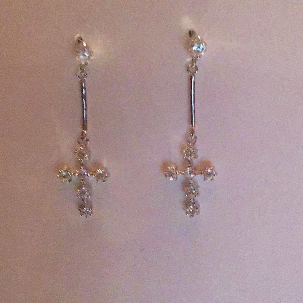 New Sterling Silver Cross dangle earrings. Rhodium plated, set with CZS.